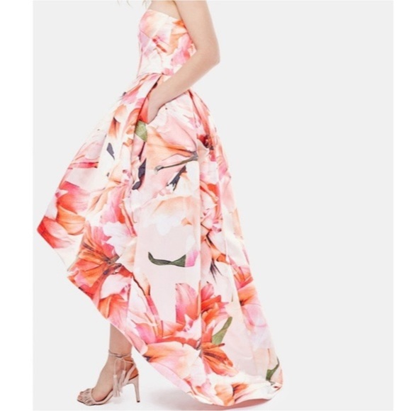 Parker Black Roxanne Strapless High-Low Midi Dress floral orange size 0 - Picture 1 of 7